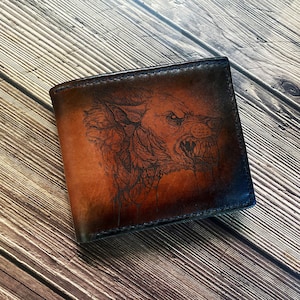 Personalisierte Leder Herren Geldbörse, Brieftasche aus Leder, Ausweis Einschubfach extra, Wolf Tier Muster Geldbörse, Wolf Geschenk für Mann, Vater