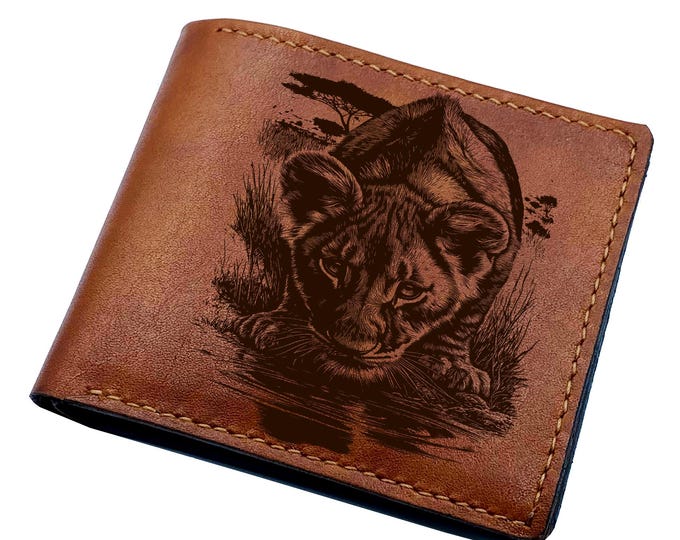 Lion Cub engrave bifold wallet, Africa predator style men gifts