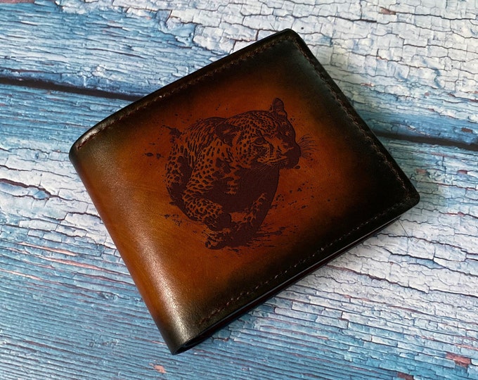 Handmade Leather Wallet, Leopard Art, Customized Gift