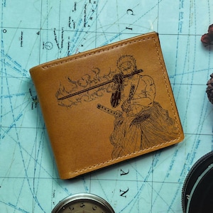 Cartera de cuero de Roronoa Zoro para hombre, ideas de regalos de Pirate Hunter, regalo personalizado del equipo de Sombrero de Paja para hermano, billetera genial para novio, esposo