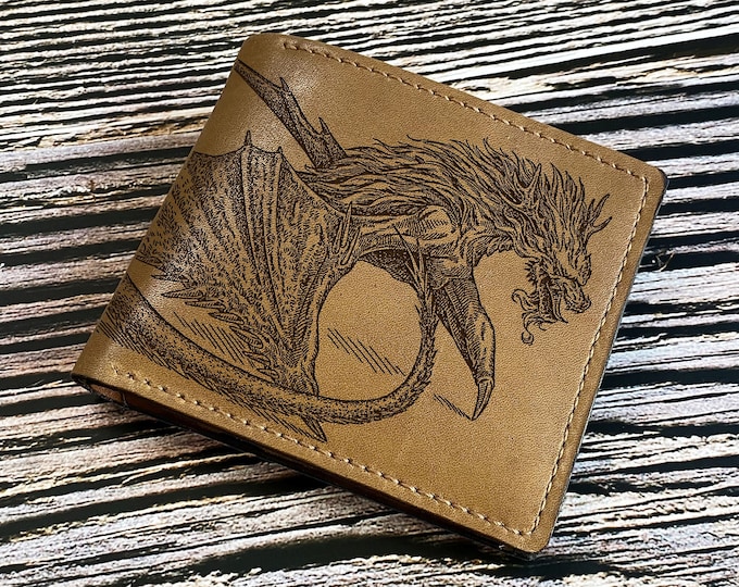 Dragon Drawing Leather Bifold Wallet, Anniversary Gift for Him