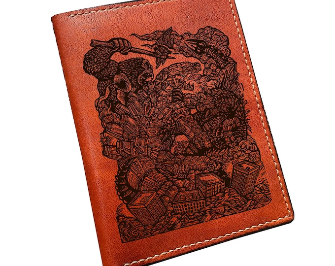 Fighting monsters genuine leather wallet, custom engrave bifold wallet, gift for boy