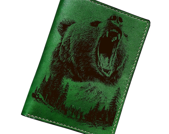 Bear Roar Leather Passport Wallet, Handmade Travel Case, Custom Travel Gift