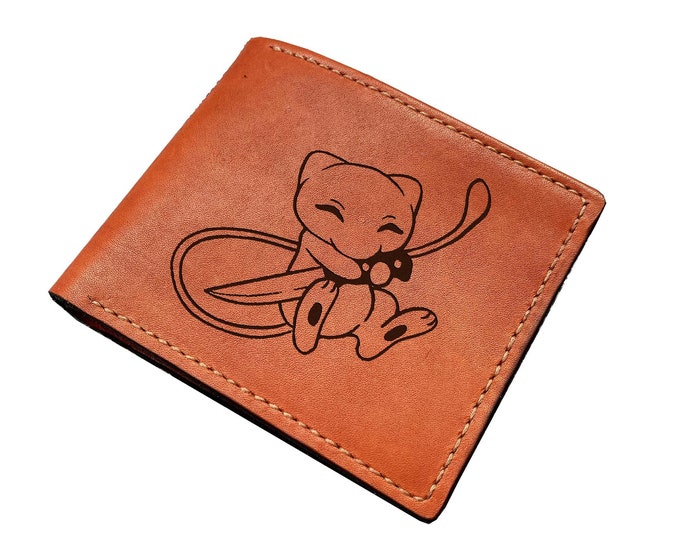 Mew Pokemon Leather Bifold Wallet, Custom Engraved Gift