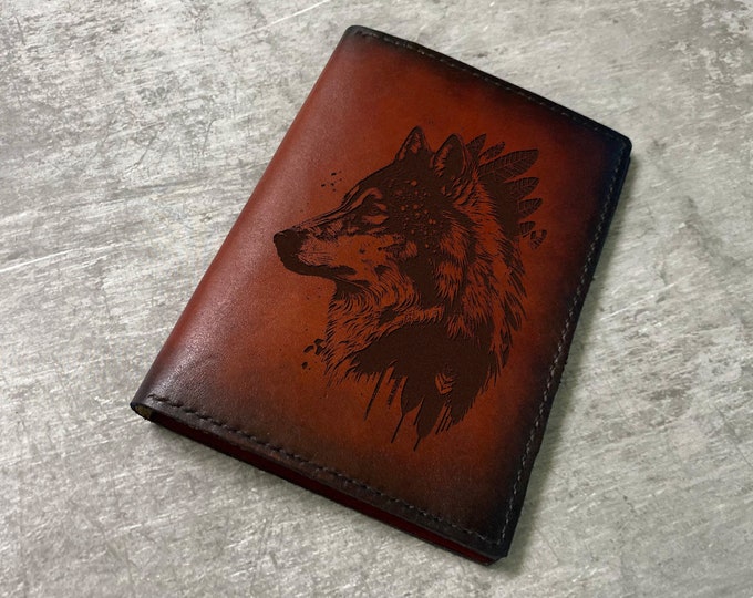 Handmade Leather Passport Wallet: Indian Wolf Art, Custom Engraved
