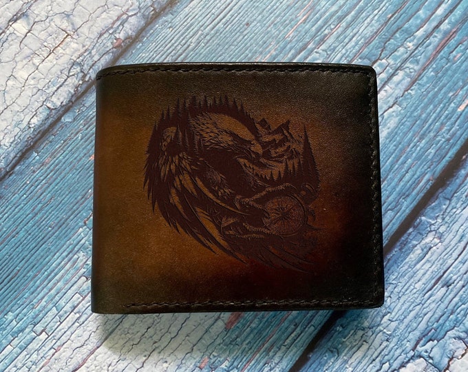 Engraved American Eagle Leather Wallet, Patriotic Gift for Men