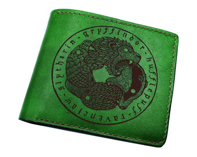 Hogwarts Houses Genuine Leather Wallet, Custom Engraved Gift
