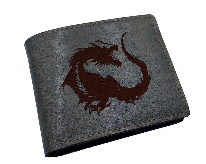 Personalized Leather Dragon Wallet: Engraved Fantasy Art Gift
