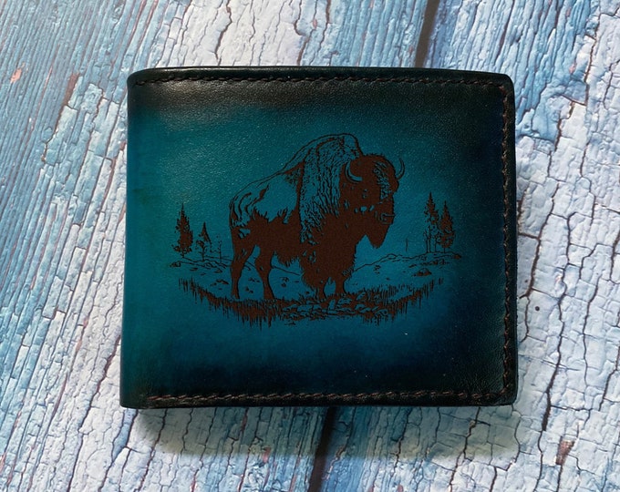 Engraved Buffalo Leather Wallet, Wildlife Art, Men's Gift