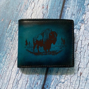 Cartera con diseño de boceto de búfalo salvaje, ideas de regalos de cuero grabado personalizado, cartera para él, cartera de animal para hombre, cartera de estilo salvaje para esposo