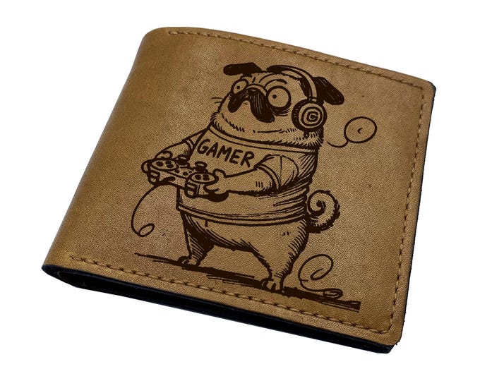 Handmade Leather Wallet, Gamer Pug Dog, Custom