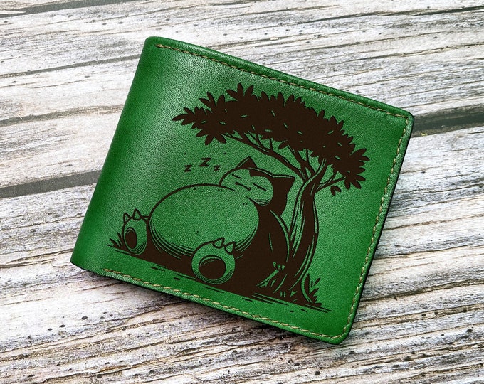 Handmade Snorlax Leather Wallet, Anime Gift