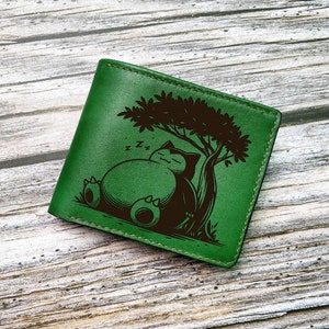 Carteira de couro pokemon snorlax feita à mão, ideias fofas de presentes de couro para meninos, presente de couro pokemon para ele, carteira para criança, carteira masculina de anime
