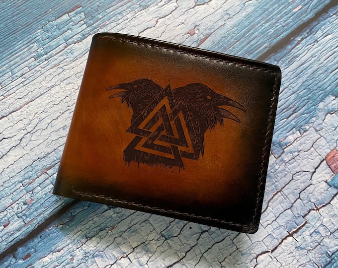 Raven Valknut Celtic Leather Wallet - Custom Engraved Viking Style