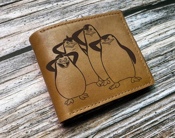 The Penguins of Madagascar engrave leather wallet, custom men wallet, bifold ID card wallet, cartoon pattern gift, cute wallet for dad