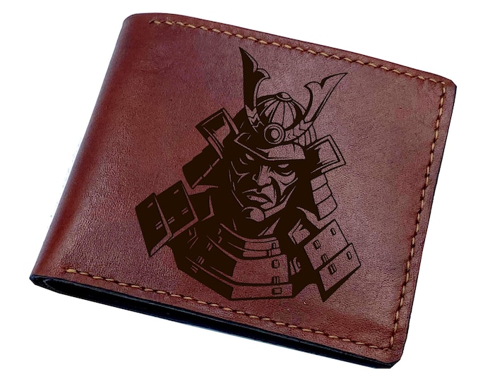 Samurai custom engrave wallet, genuine leather handmade gift, personalized present for boy