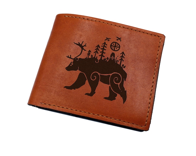 Engraved Bear Leather Wallet, Personalized Anniversary Gift