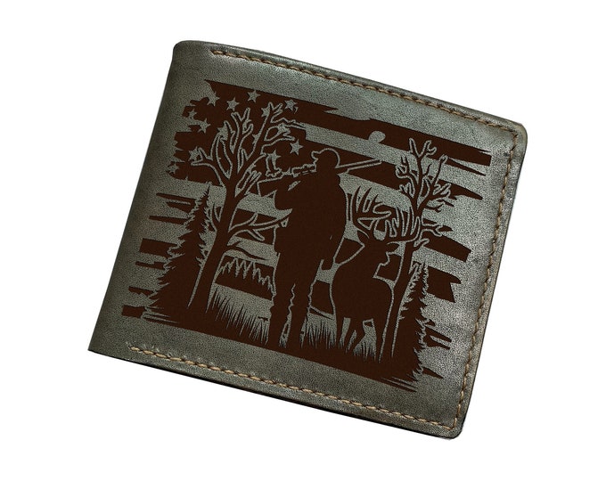 Personalized Leather Bifold Wallet, Hunting Scene Engraved