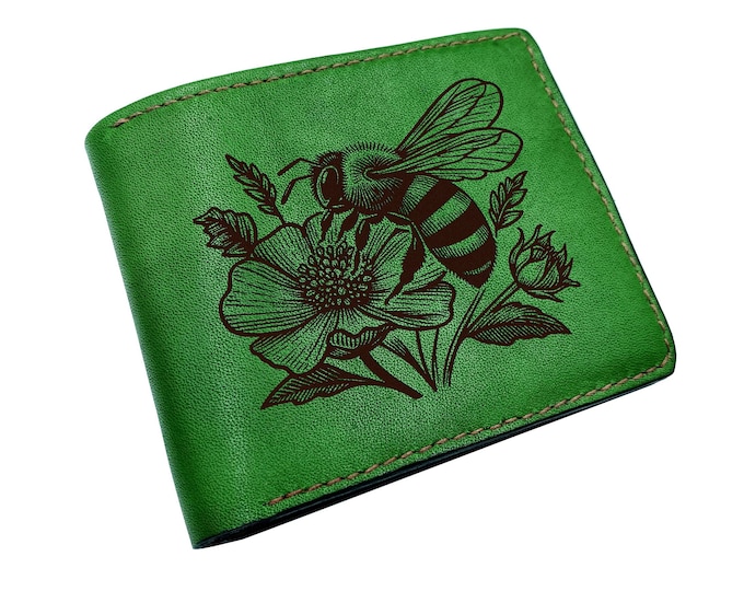 Handmade Full Grain Leather Wallet, Bee Engraved, Custom Wallet