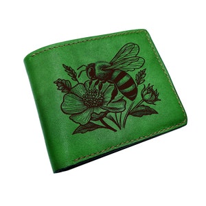 Bee drawing leather handmade wallet, custom engrave wallet, fullgrain wallet for him, insect inspired leather gift ideas for boyfriend