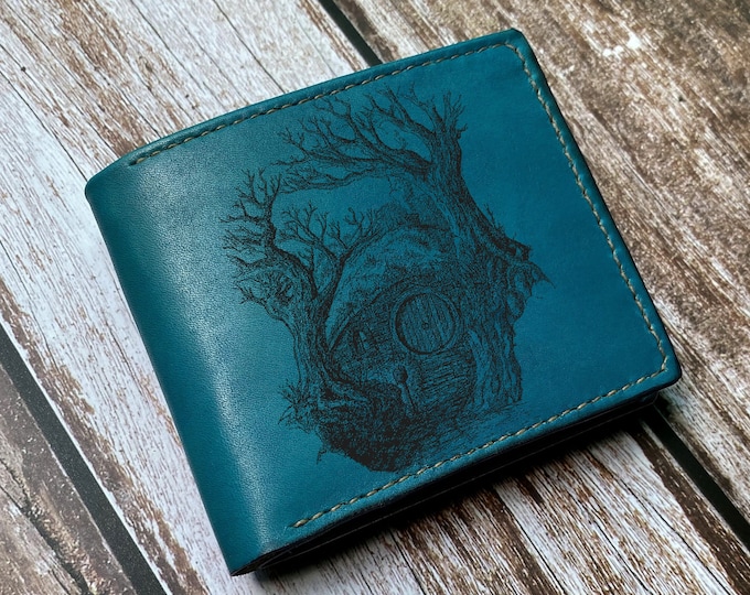 Handmade Hobbit House Leather Wallet, Shire Sketch Art