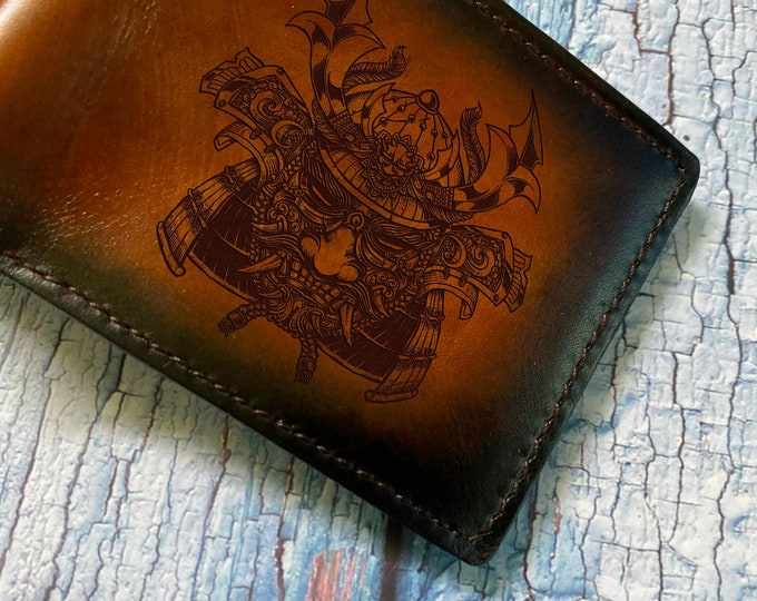 Samurai Leather Bifold Wallet: Engraved Japan Warrior Gift