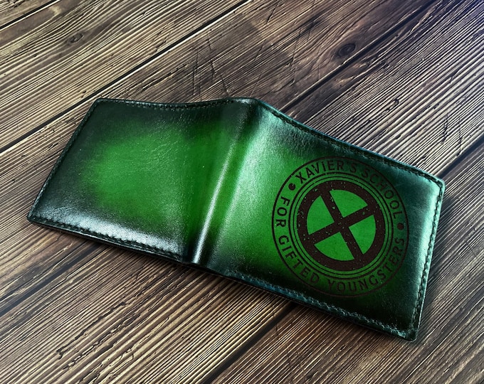 Personalized Leather Wallet, X-Men Xavier School Logo, Handmade