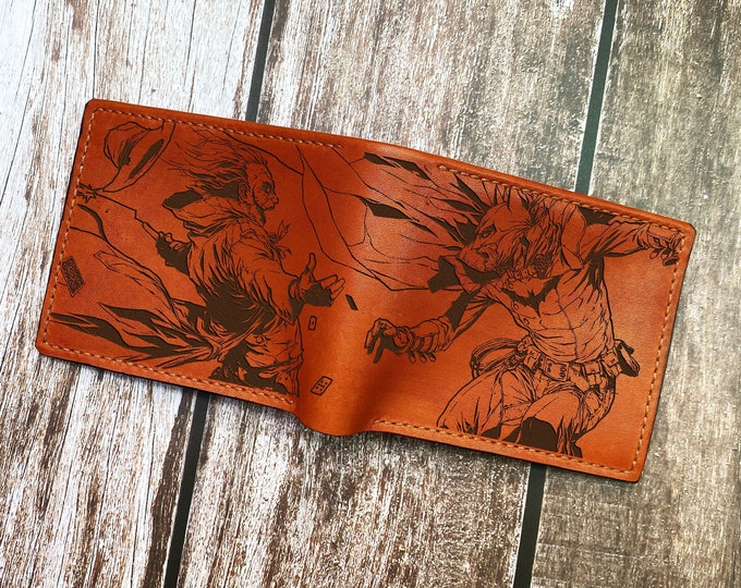 Handmade Leather Joker vs Batman Wallet, Custom Superhero Gift