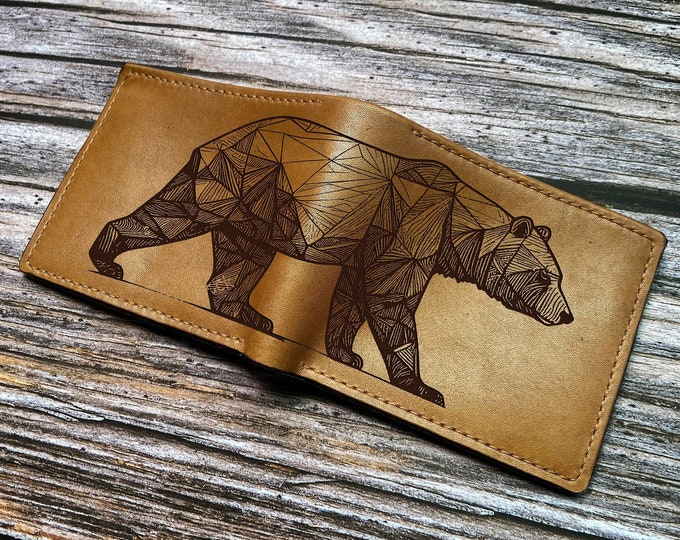 Engraved Bear Leather Wallet, Personalized Gift for Him