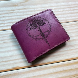 Cartera de cuero para hombre de El Señor de los Anillos, billetera con espada del árbol de Gondor y arte del Verso del Anillo, patrón de espada rota de Gondor, regalo de cumpleaños para hombre