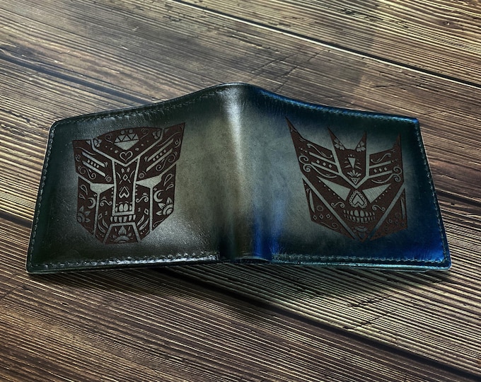 Engraved Transformers Leather Wallet: Autobot vs Decepticon Art