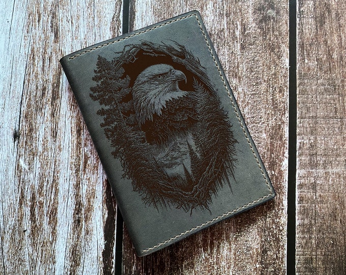 American Eagle Sketch Leather Passport Wallet - Custom Engraved Travel Gift