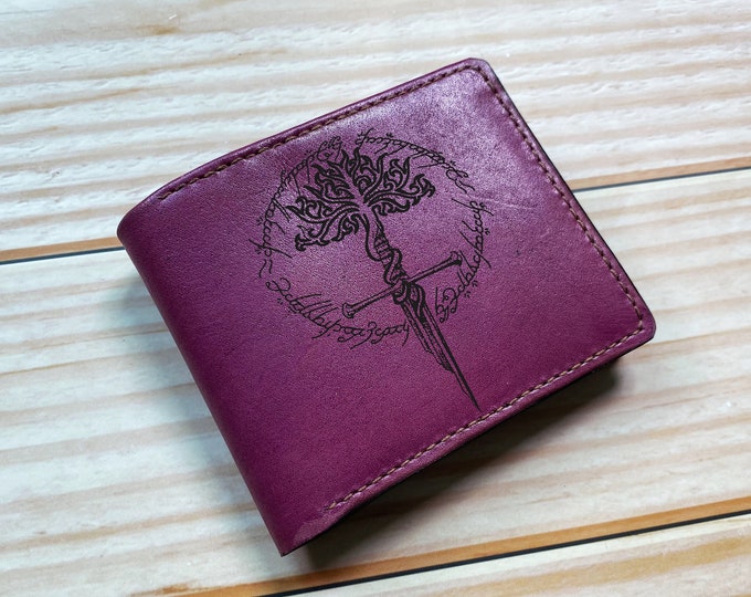 Handmade Leather Men's Wallet: Gondor Tree Sword, Ring Verse Art