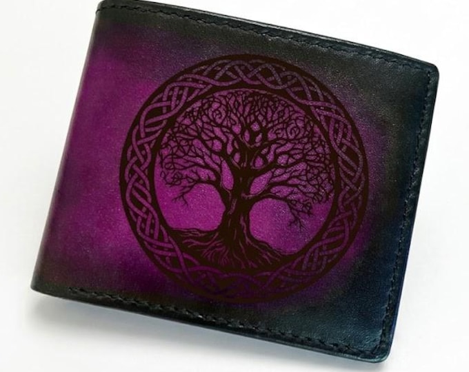 Wicca Tree of Life symbol genuine leather wallet, personalized sacred tree gifts - 160426
