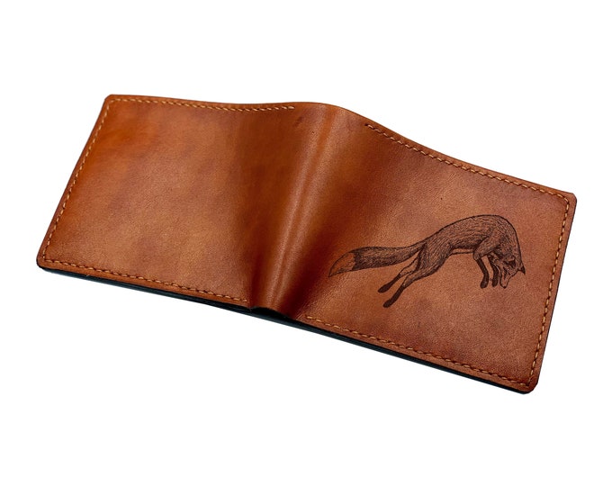 Fox Drawing Leather Wallet: Custom Engraved Animal Art - set 080926