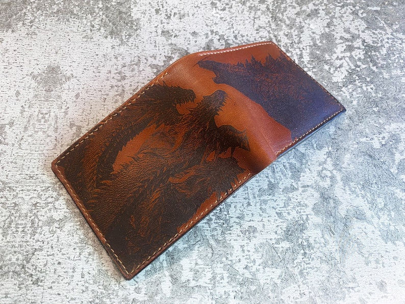 Godzilla Ghidorah leather handmade wallet, King of monsters leather gifts for boyfriend, wallet for boy, monstersverse leather gift ideas