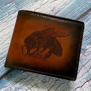 Bee drawing leather bifold wallet, engraving wallet, personalized leather gift ideas for him, wallet for boyfriend, husband, gift for dad