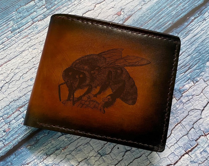 Engraved Bee Leather Wallet: Personalized Bifold Gift