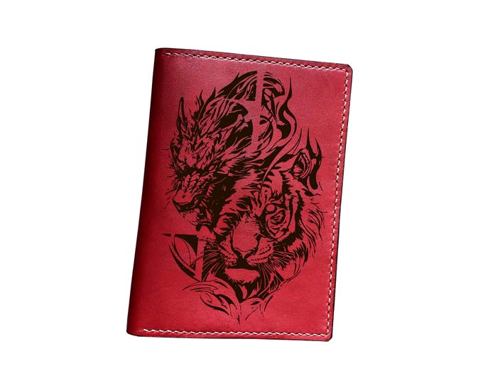 Tiger dragon engrave leather wallet, custom passport wallet, travel gift for family