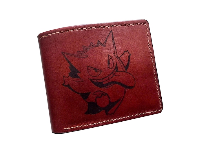 Gengar engrave leather wallet, personalized handmade wallet, gift for him