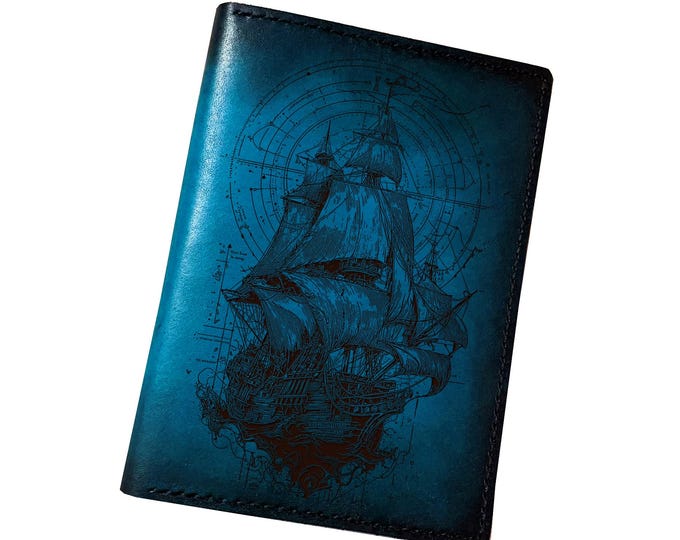 Engraved Leather Passport Wallet, Sailing Boat Design, Customized Travel Case
