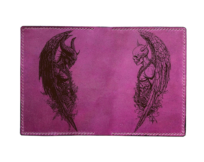 Handmade Leather Passport Wallet – Angel & Demon Engraved, Personalized Travel Accessory