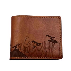 Japanese style leather handmade wallet, Haku wave men&#39;s wallet, personalized leather gift for him, Japan wallet for dad, gift for colleague