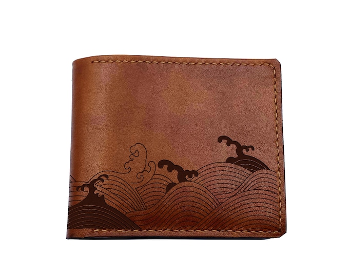 Handmade Leather Wallet, Japanese Wave Design, Personalized Gift