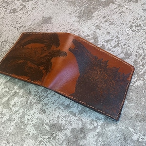 Godzilla Ghidorah leather handmade wallet, King of monsters leather gifts for boyfriend, wallet for boy, monstersverse leather gift ideas
