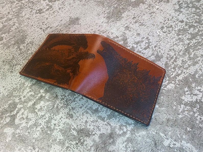 Godzilla Ghidorah leather handmade wallet, King of monsters leather gifts for boyfriend, wallet for boy, monstersverse leather gift ideas