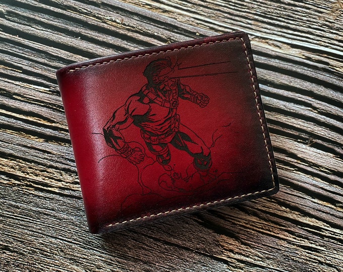 Handmade Cyclops Leather Wallet: Custom Engraved Superhero Gift