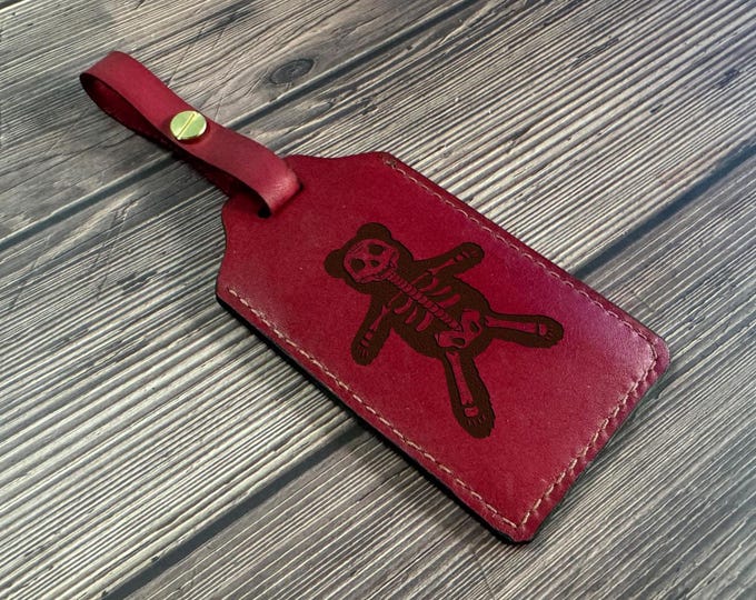 Handmade Leather Travel Tag, Teddy Bear Skeleton Card Holder
