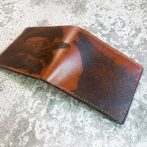 Godzilla Ghidorah leather handmade wallet, King of monsters leather gifts for boyfriend, wallet for boy, monstersverse leather gift ideas