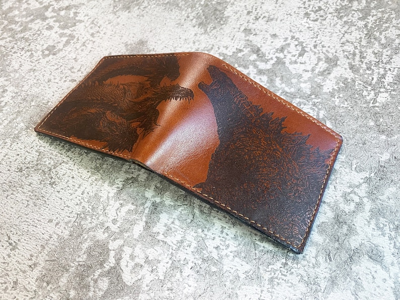 Godzilla Ghidorah leather handmade wallet, King of monsters leather gifts for boyfriend, wallet for boy, monstersverse leather gift ideas